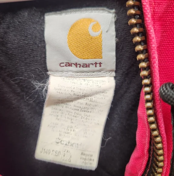 VTG Carhartt Red Mens J140 Canvas Hooded Zip Up Workwear Jacket 2XL Quilted